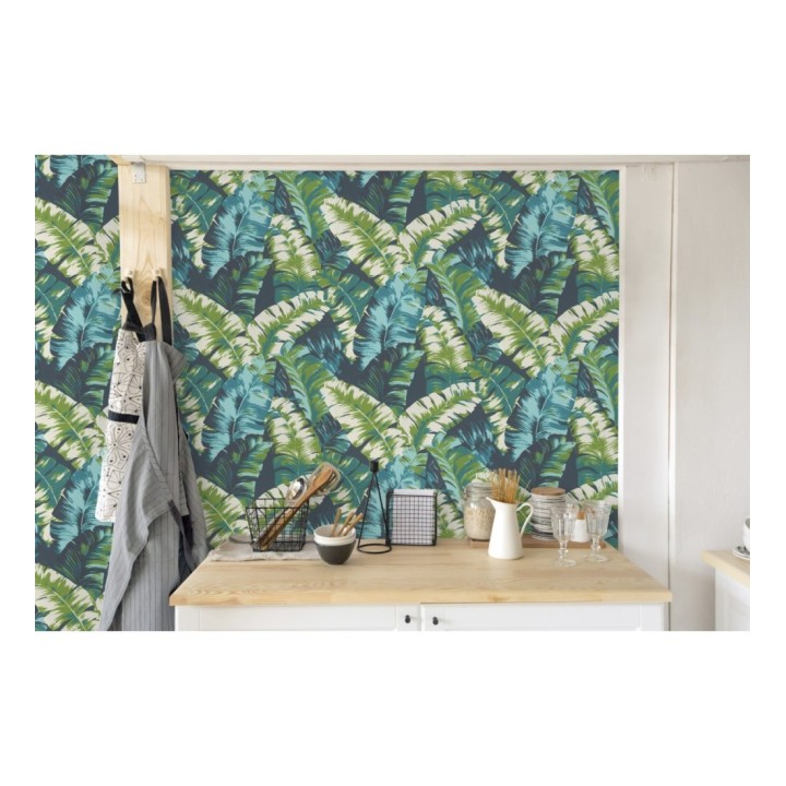 Papel pintado hojas grandes estilo tropical verde y azul - Sunset Palms 127698