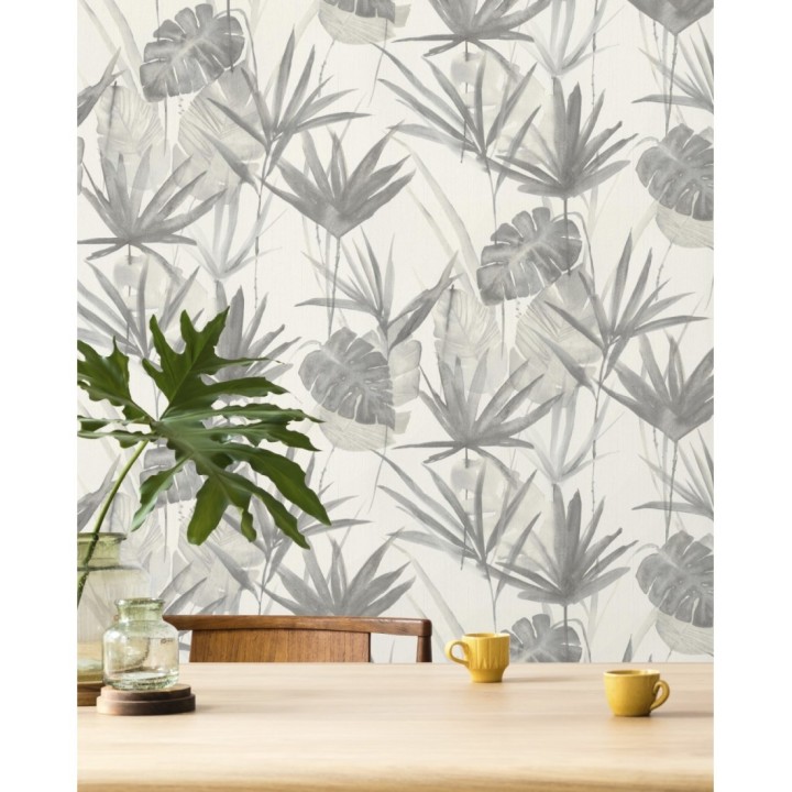 Papel pintado hojas estilo tropical tonos grises - Eleanor 127700