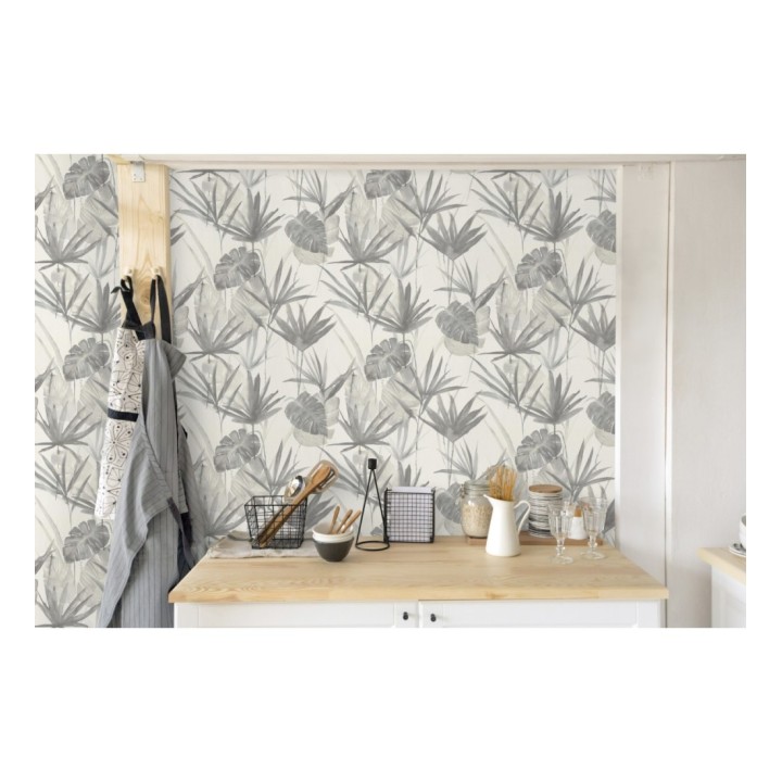 Papel pintado hojas estilo tropical tonos grises - Eleanor 127700