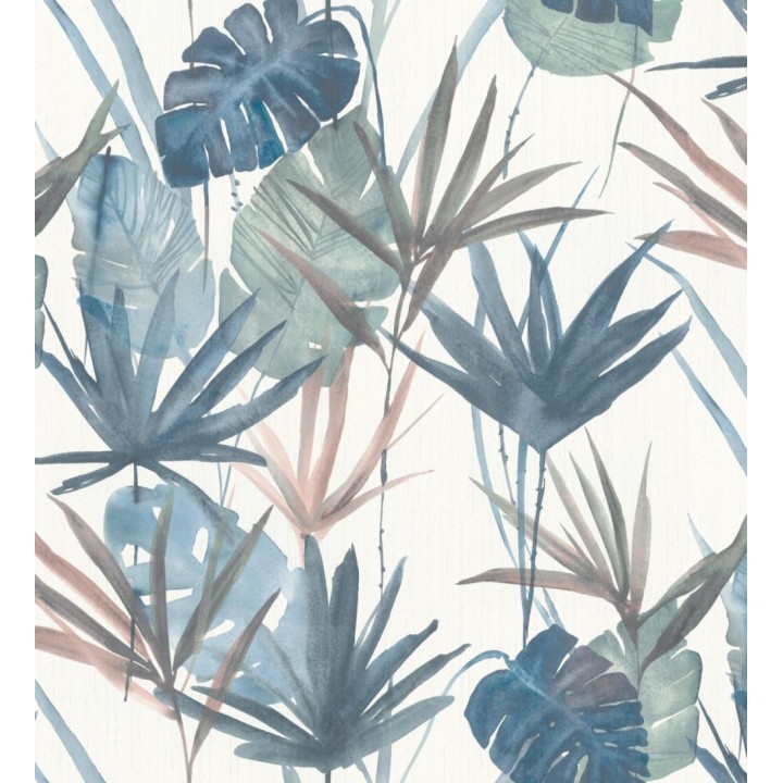 Papel pintado hojas estilo tropical tonos azules - Eleanor 127701