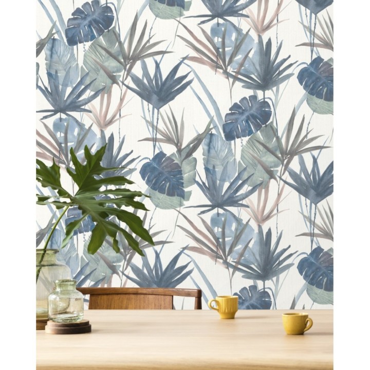 Papel pintado hojas estilo tropical tonos azules - Eleanor 127701