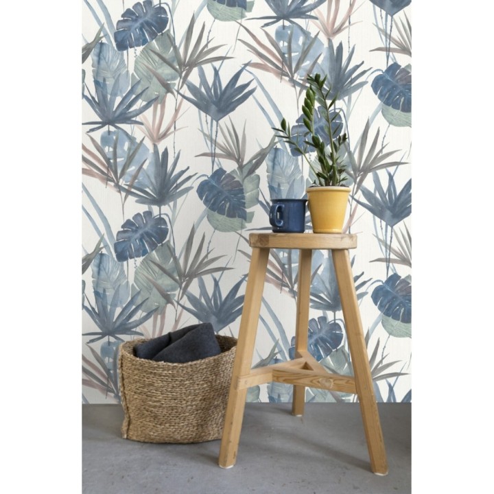 Papel pintado hojas estilo tropical tonos azules - Eleanor 127701