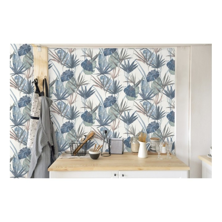 Papel pintado hojas estilo tropical tonos azules - Eleanor 127701