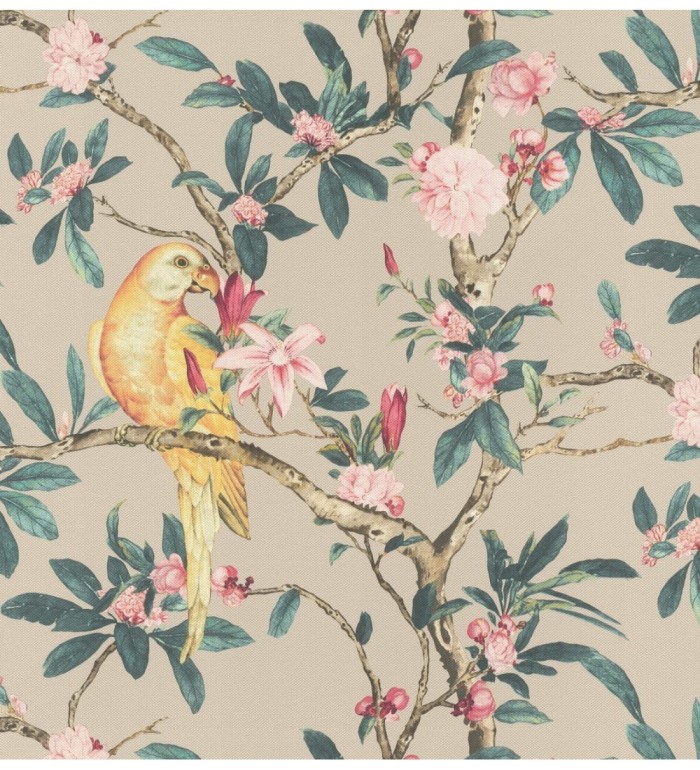 Papel pintado pájaros en árbol de flores fondo beige tostado - Leila Birds 127713