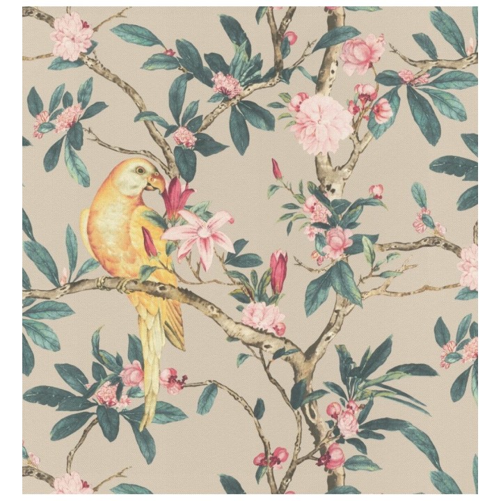 Papel pintado pájaros en árbol de flores fondo beige tostado - Leila Birds 127713