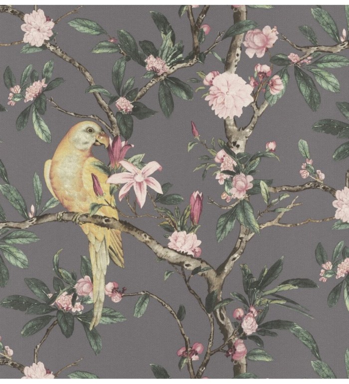 Papel pintado pájaros en árbol de flores fondo gris oscuro - Leila Birds 127714