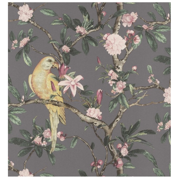 Papel pintado pájaros en árbol de flores fondo gris oscuro - Leila Birds 127714
