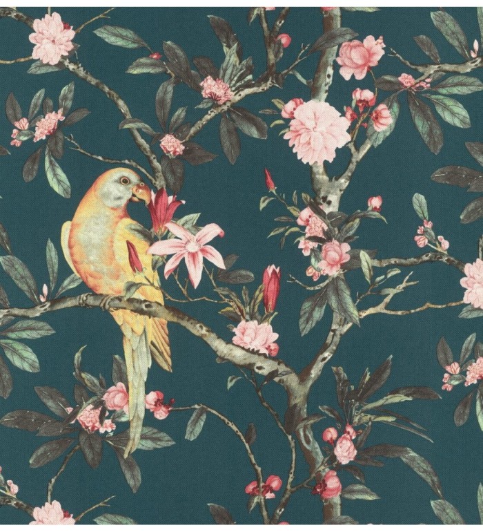 Papel pintado pájaros en árbol de flores fondo verde oscuro - Leila Birds 127715