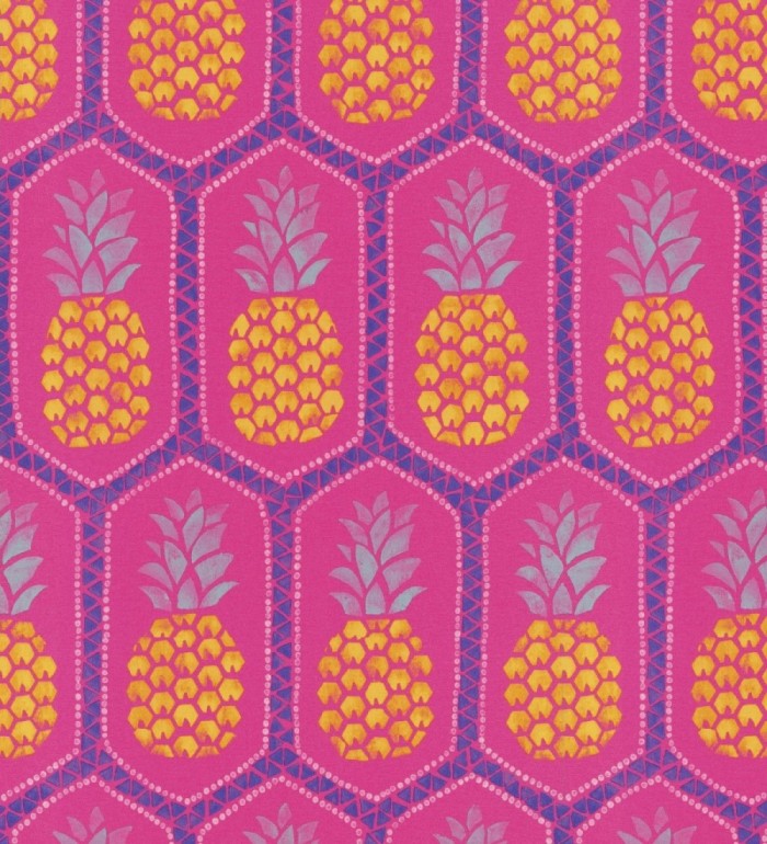 Papel pintado celosías de piñas amarillas estilo tropical fondo fucsia - Malibu Fruit 127738
