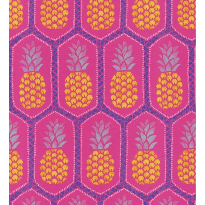 Papel pintado celosías de piñas amarillas estilo tropical fondo fucsia - Malibu Fruit 127738