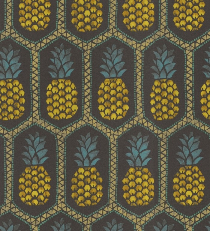 Papel pintado celosías de piñas amarillas estilo tropical fondo negro  - Malibu Fruit 127739