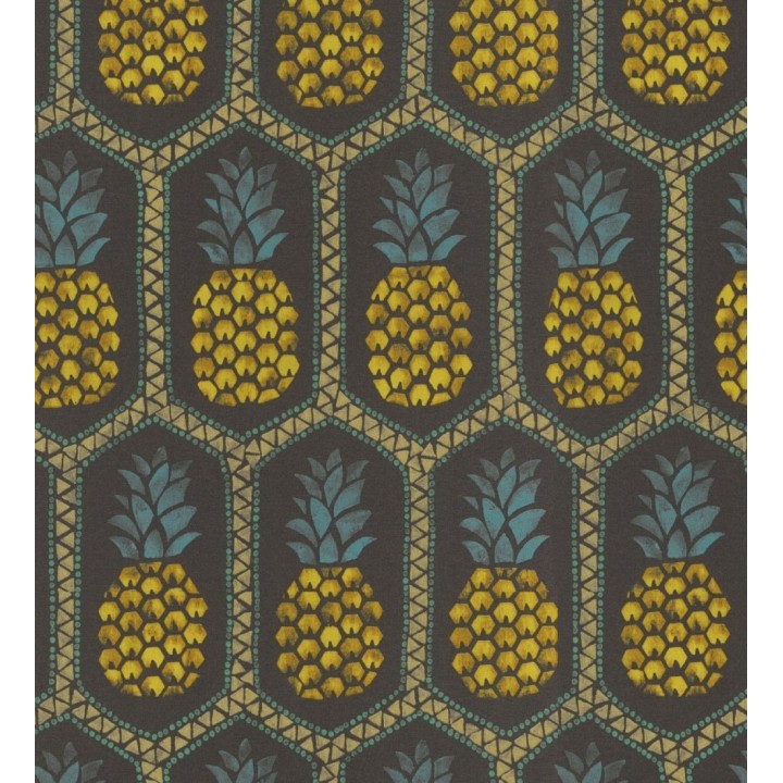 Papel pintado celosías de piñas amarillas estilo tropical fondo negro  - Malibu Fruit 127739