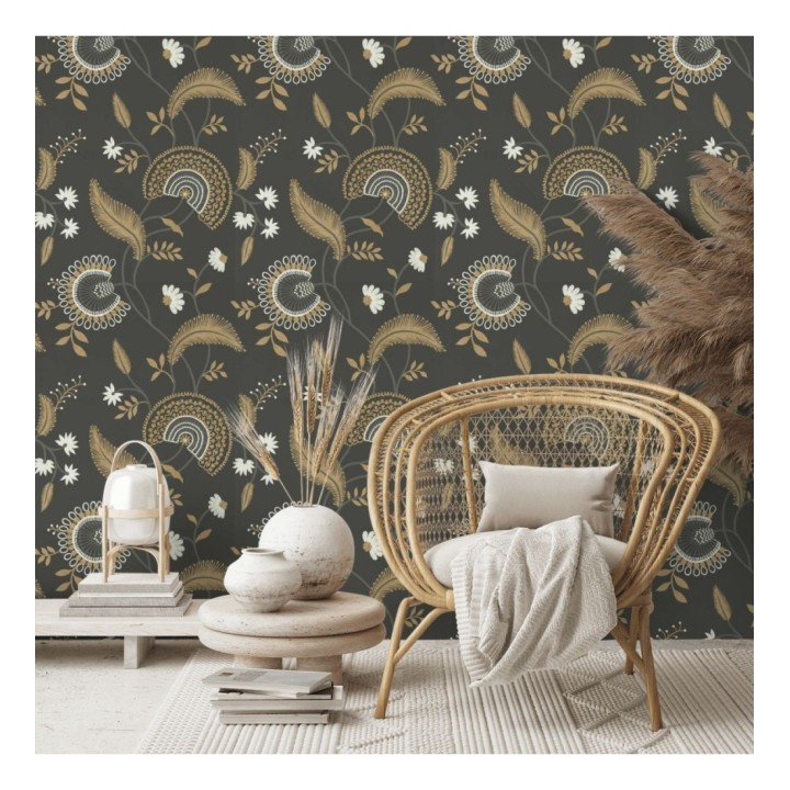 Papel pintado hojas estilo hindú fondo marrón - Suiko Bloom 127753