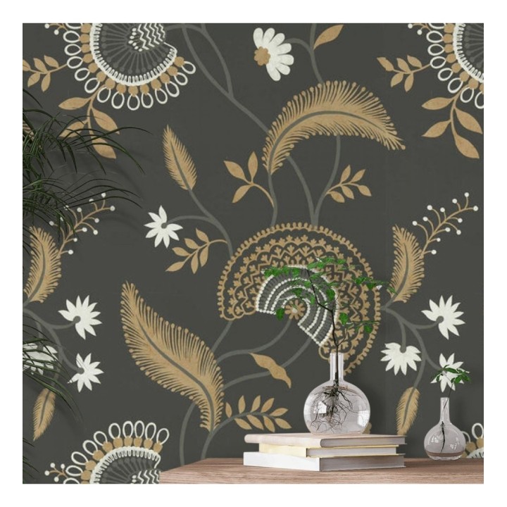 Papel pintado hojas estilo hindú fondo marrón - Suiko Bloom 127753