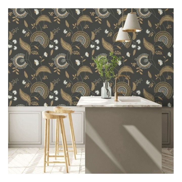 Papel pintado hojas estilo hindú fondo marrón - Suiko Bloom 127753