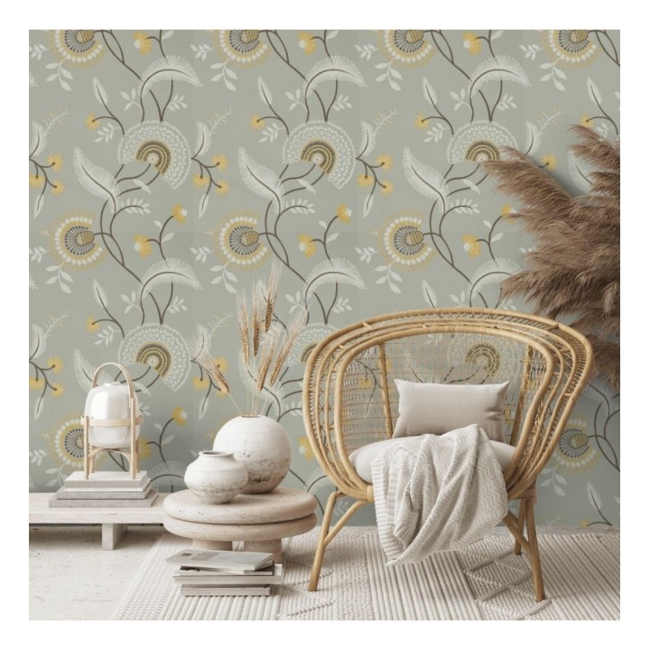 Papel pintado hojas estilo hindú fondo gris - Suiko Bloom 127754
