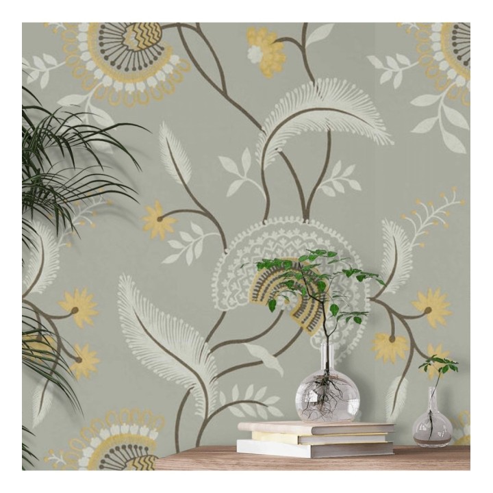 Papel pintado hojas estilo hindú fondo gris - Suiko Bloom 127754