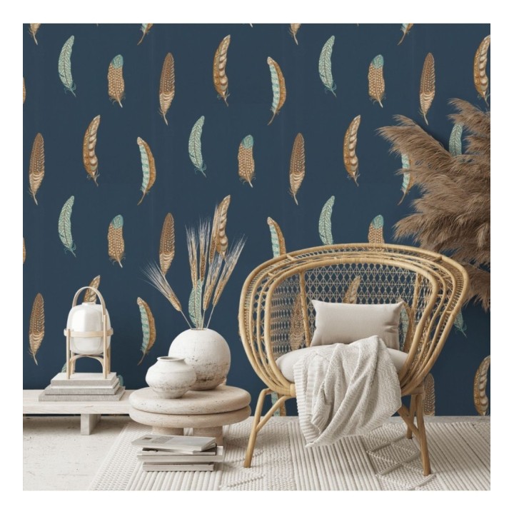 Papel pintado plumas grandes fondo azul oscuro - Haima Feathers 127764