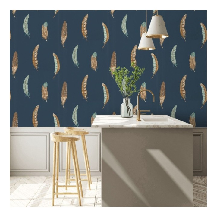 Papel pintado plumas grandes fondo azul oscuro - Haima Feathers 127764