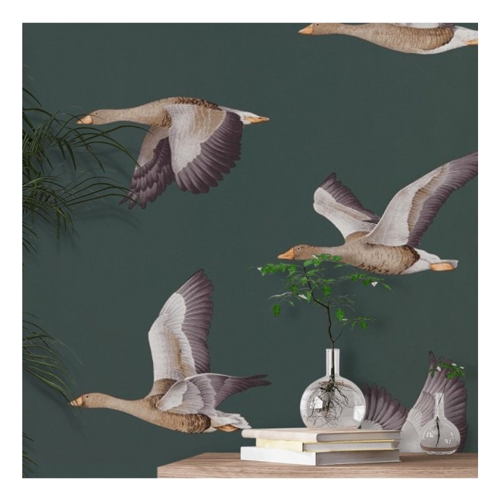 Papel pintado aves volando fondo verde oscuro - Sajonia Birds 127768