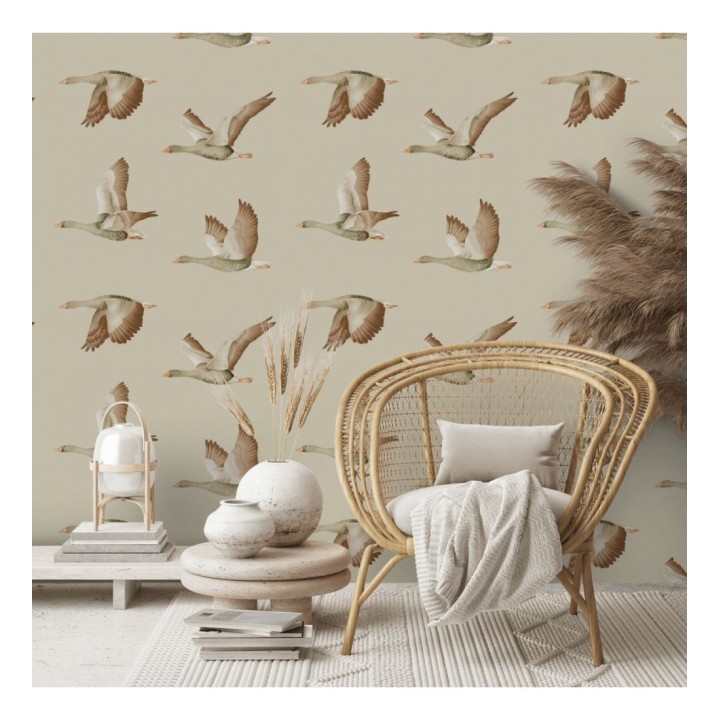 Papel pintado aves volando fondo beige - Sajonia Birds 127769