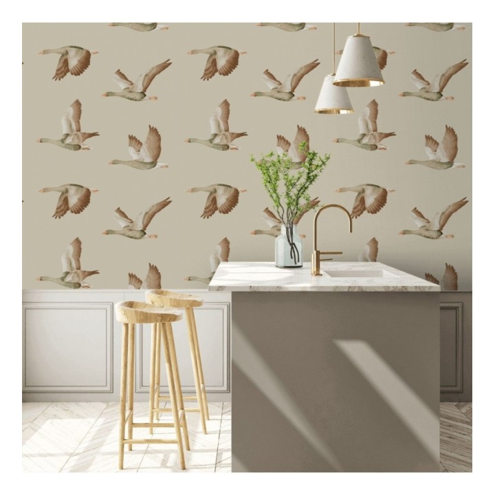 Papel pintado aves volando fondo beige - Sajonia Birds 127769