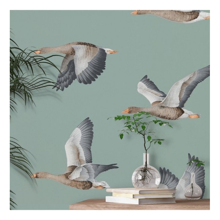 Papel pintado aves volando fondo verde grisáceo - Sajonia Birds 127770