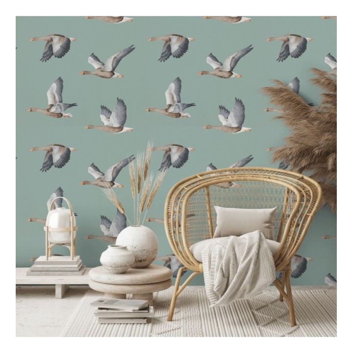 Papel pintado aves volando fondo verde grisáceo - Sajonia Birds 127770