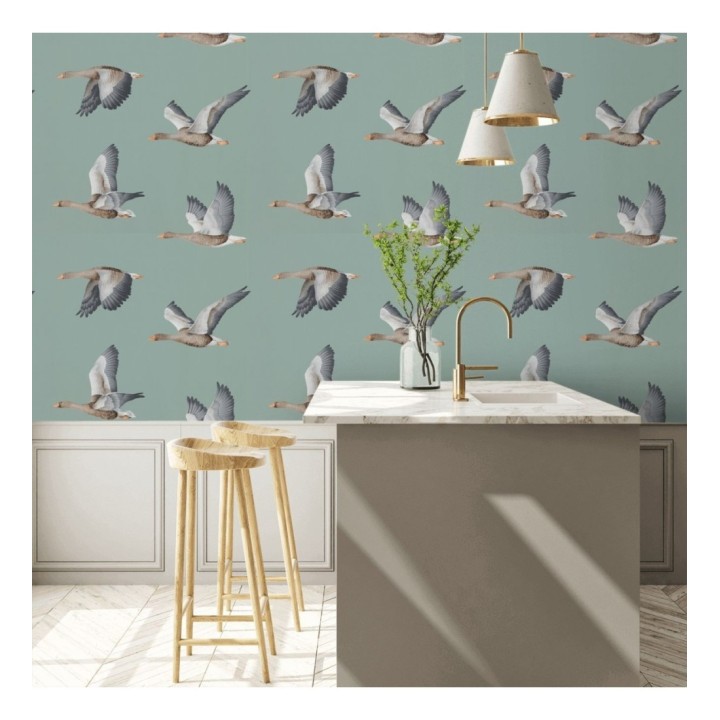 Papel pintado aves volando fondo verde grisáceo - Sajonia Birds 127770
