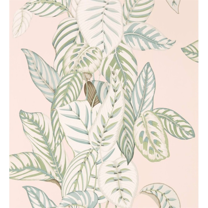 Papel pintado hojas verdes estilo tropical fondo rosa claro - Palms Resort 127777