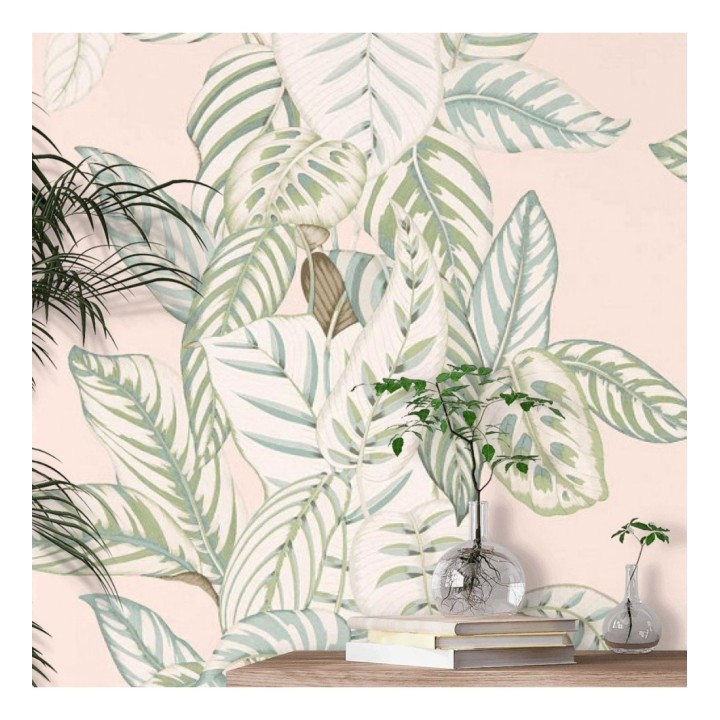 Papel pintado hojas verdes estilo tropical fondo rosa claro - Palms Resort 127777