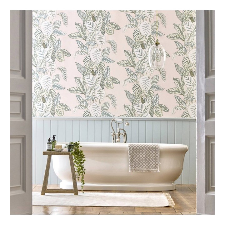 Papel pintado hojas verdes estilo tropical fondo rosa claro - Palms Resort 127777