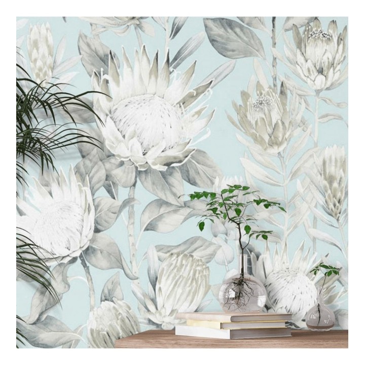 Papel pintado flores grandes fondo celeste claro - Emma Blush 127783