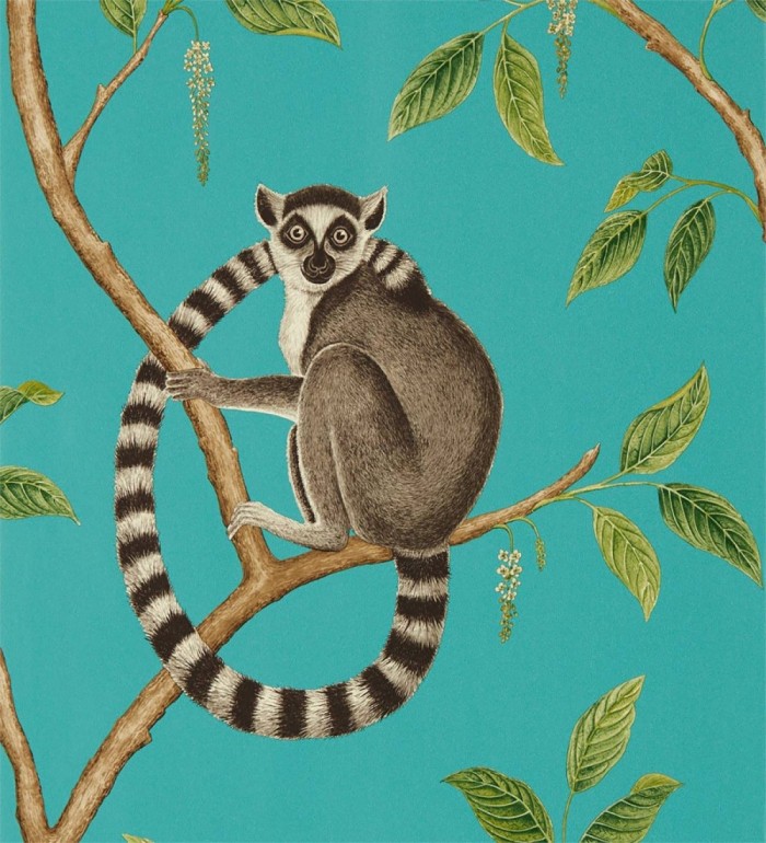 Papel pintado lemures en ramas fondo turquesa - Lemur Garden 127793