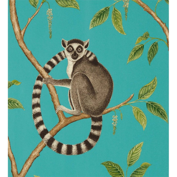 Papel pintado lemures en ramas fondo turquesa - Lemur Garden 127793