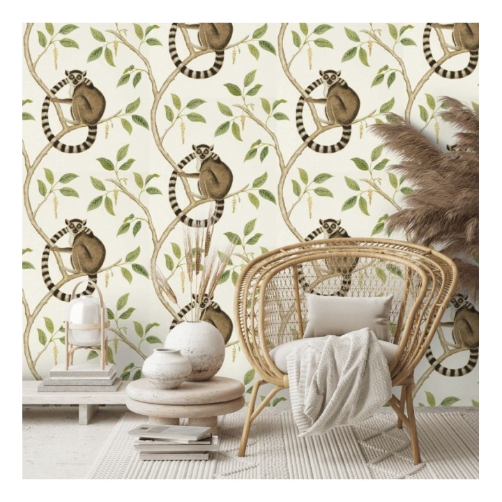 Papel pintado lemures en ramas fondo claro - Lemur Garden 127794