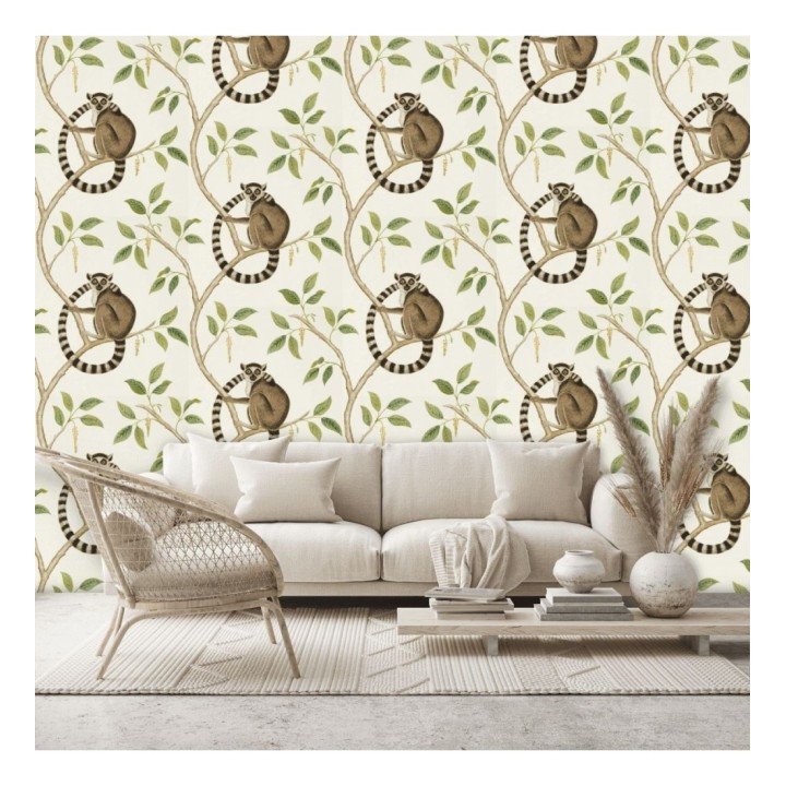 Papel pintado lemures en ramas fondo claro - Lemur Garden 127794