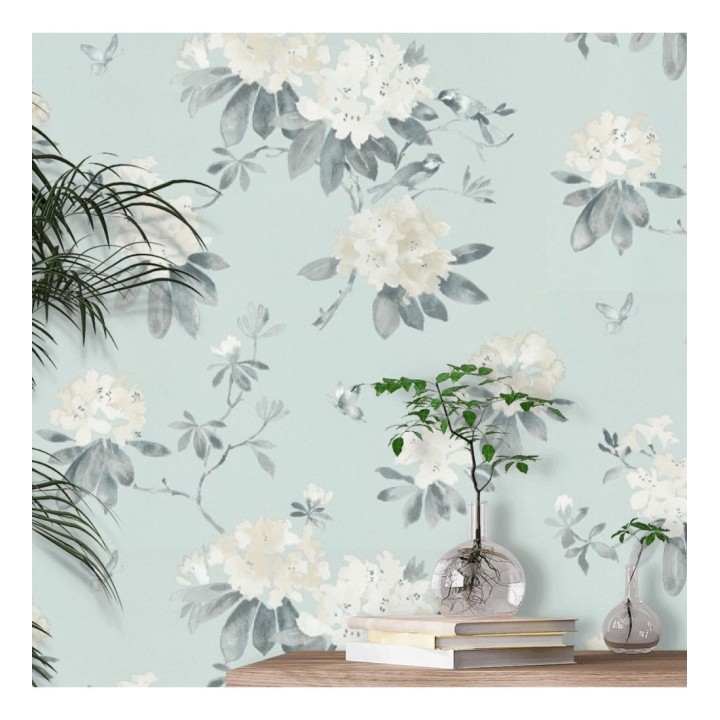 Papel pintado artístico de flores románticas fondo verde aguamarina - Esther Abril 127802