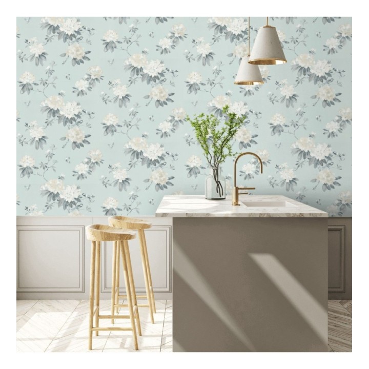 Papel pintado artístico de flores románticas fondo verde aguamarina - Esther Abril 127802