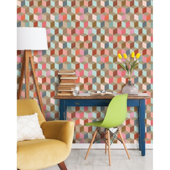 Papel pintado geométrico cubos de colores estilo retro - Nicoleta Cubes 127818