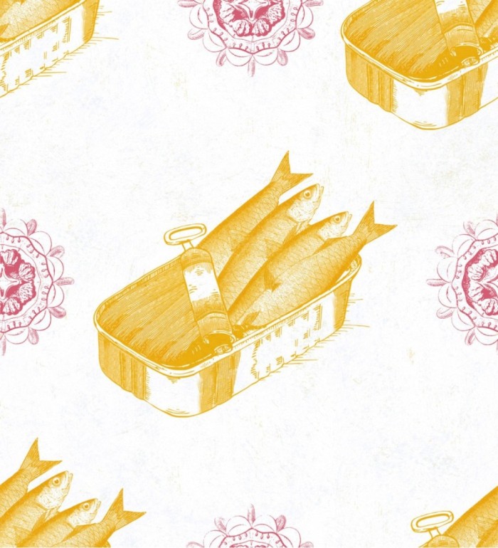 Papel pintado sardinas en lata tonos amarillos estilo vintage - Quick Dinner 127824