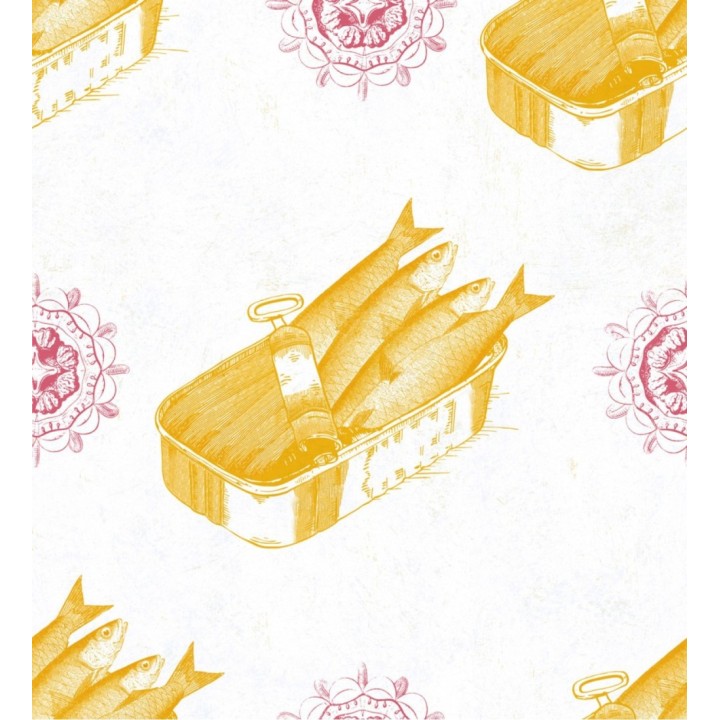Papel pintado sardinas en lata tonos amarillos estilo vintage - Quick Dinner 127824