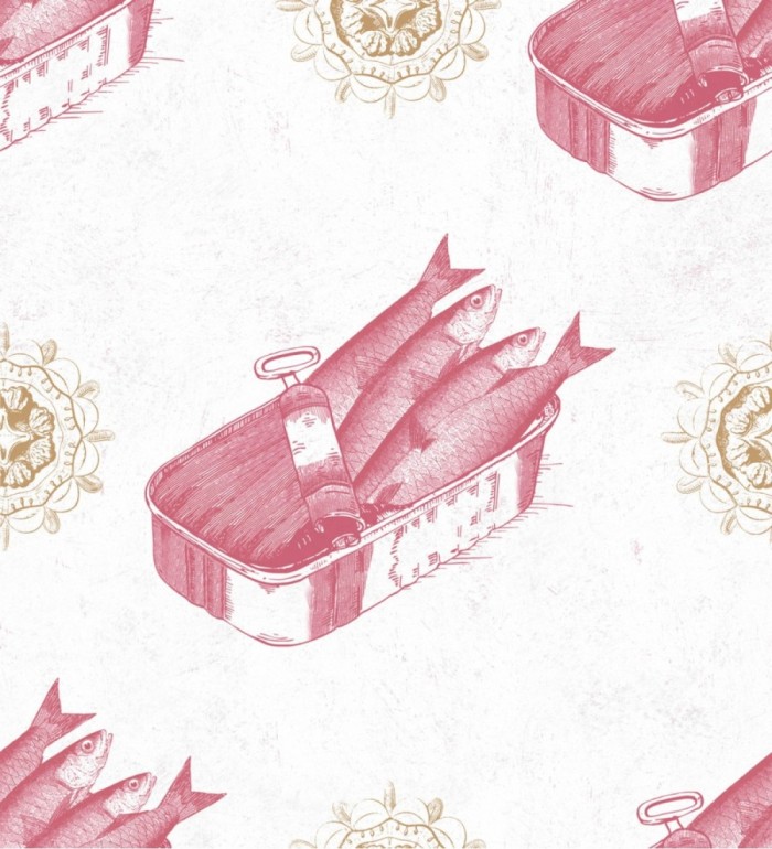Papel pintado sardinas en lata tonos rosa estilo vintage - Quick Dinner 127825