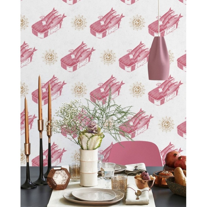 Papel pintado sardinas en lata tonos rosa estilo vintage - Quick Dinner 127825