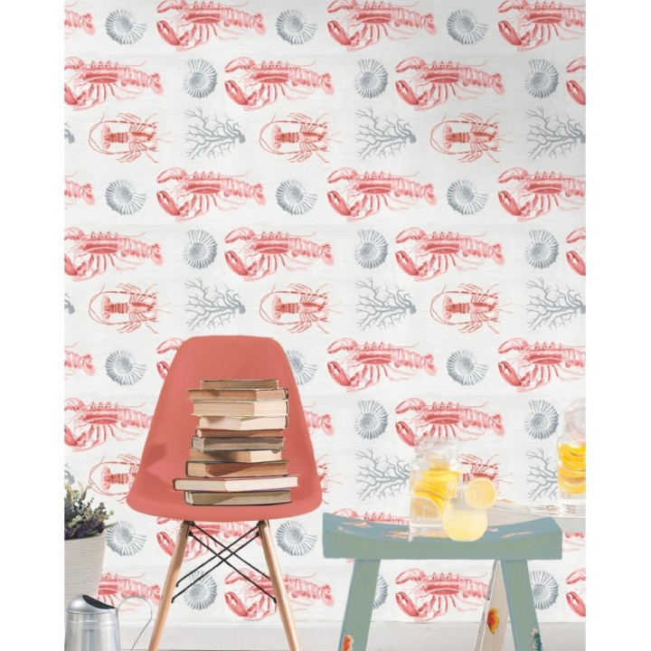 Papel pintado mariscos en el mar tonos rosados y fondo claro - Lobster Dream 127826