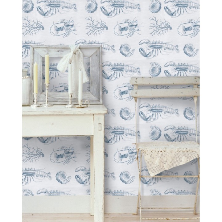 Papel pintado mariscos en el mar tonos azules y fondo claro - Lobster Dream 127828