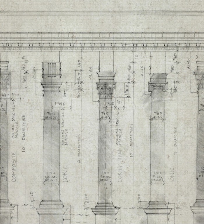 Papel pintado boceto de columnas dóricas tonos grises - Doric Progress 127836