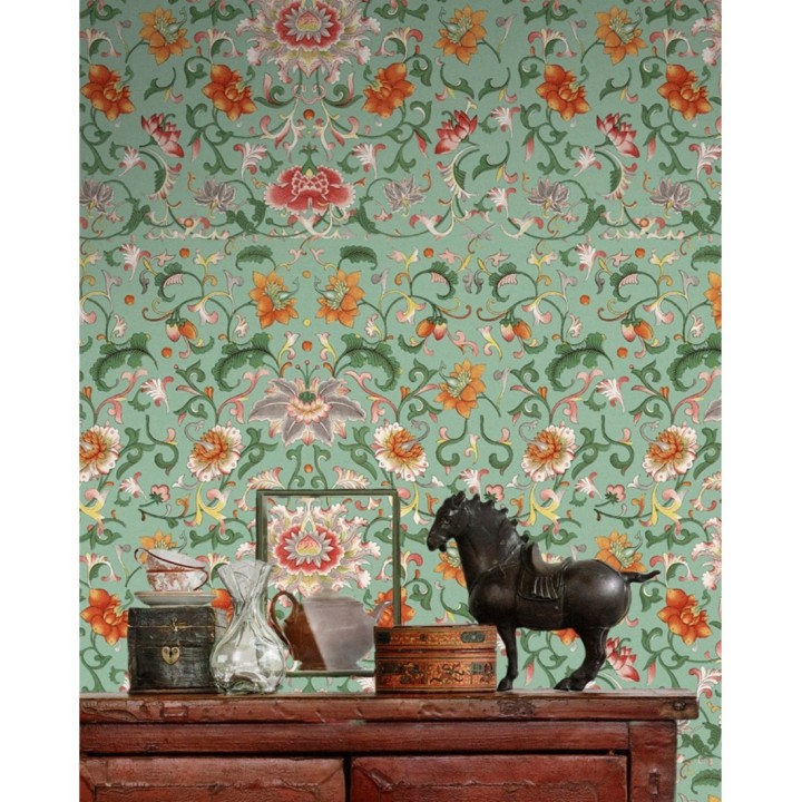 Papel pintado floral estilo oriental fondo verde agua - Balcani Country 127866