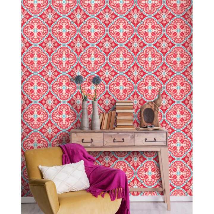 Papel pintado azulejos estilo oriental fondo fucsia - Vilma Dream 127868