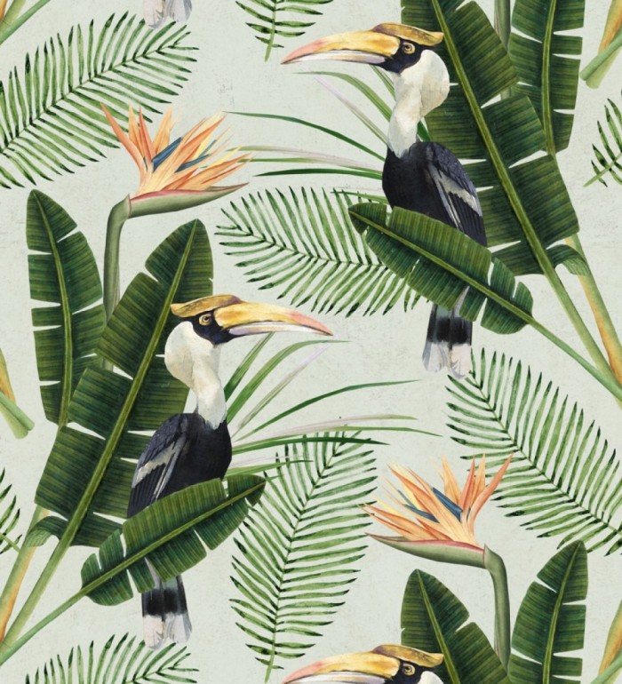 Papel pintado aves y vegetación estilo tropical - Paradise Garden 127905